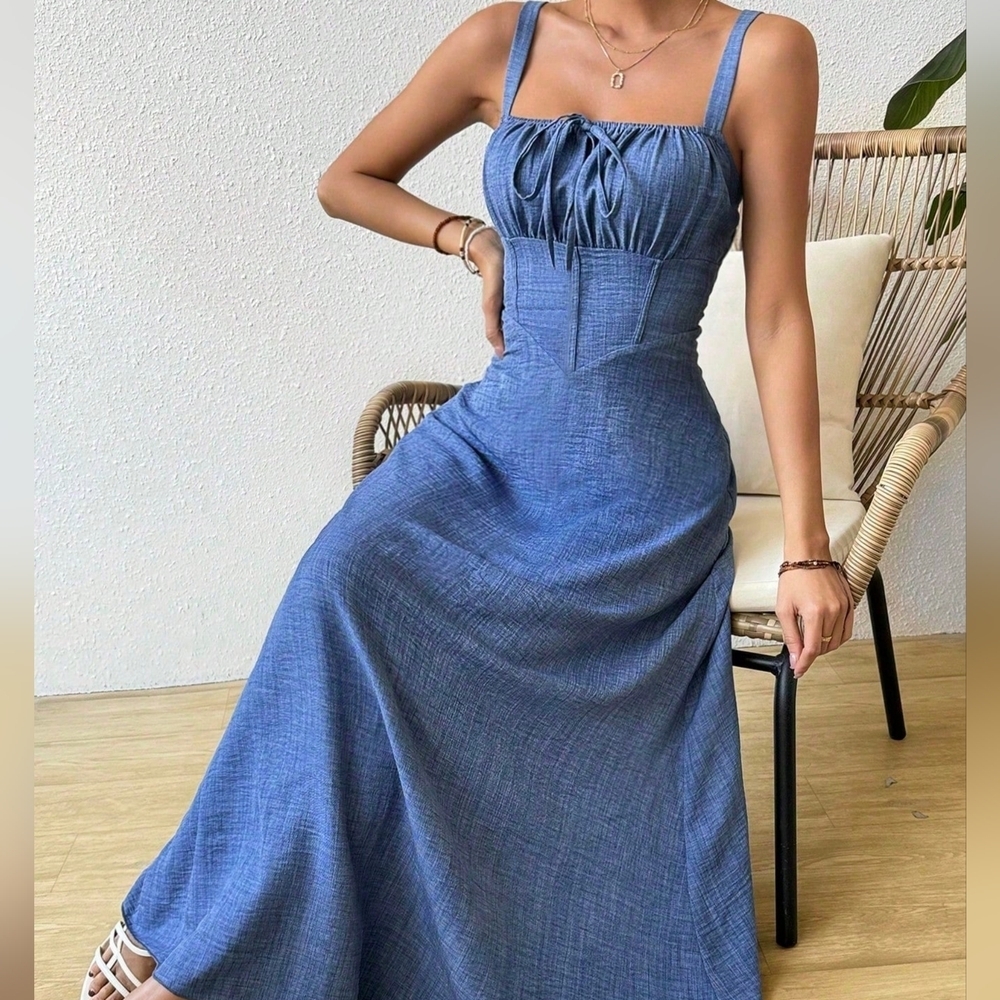 Pleated Bust Tie Strap Cami Dress - Picture 5 of 5
